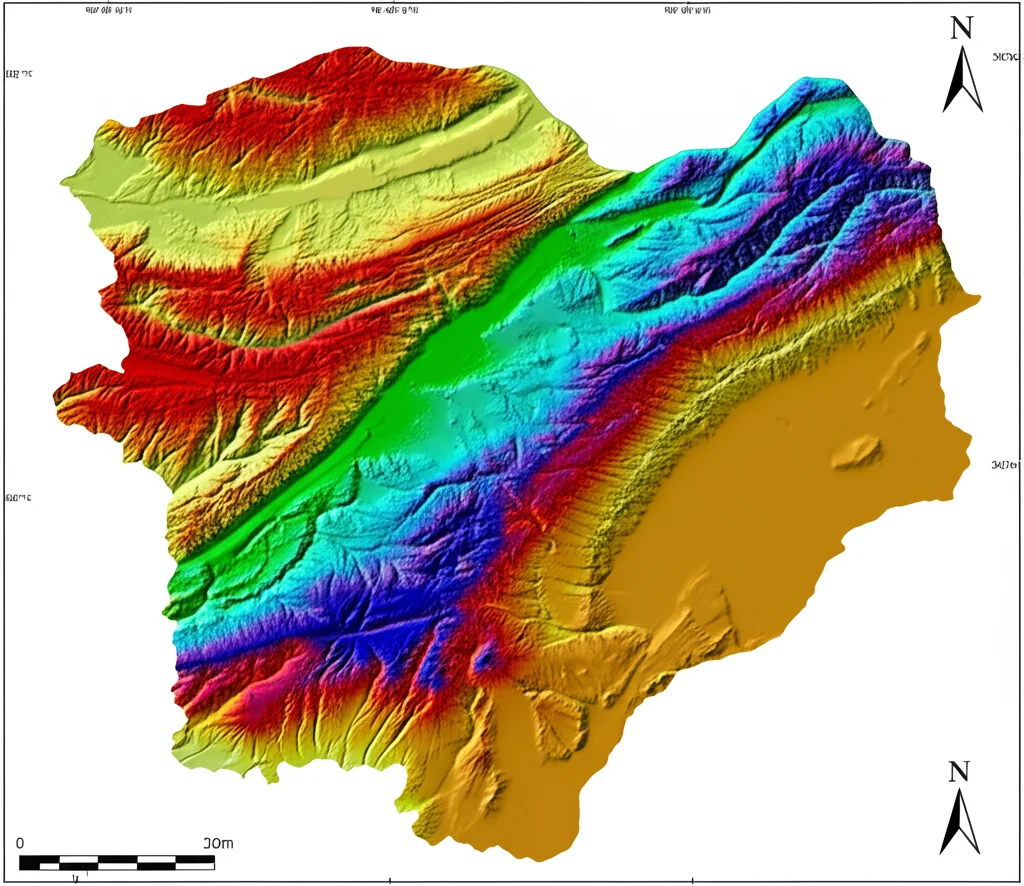 Mappa GIS stilizzata del bacino del Teesta con aree colorate che indicano i cinque livelli di vulnerabilità alle frane (dal blu/verde per basso rischio al rosso/arancione per alto rischio), sovrapposta a un rilievo topografico 3D.