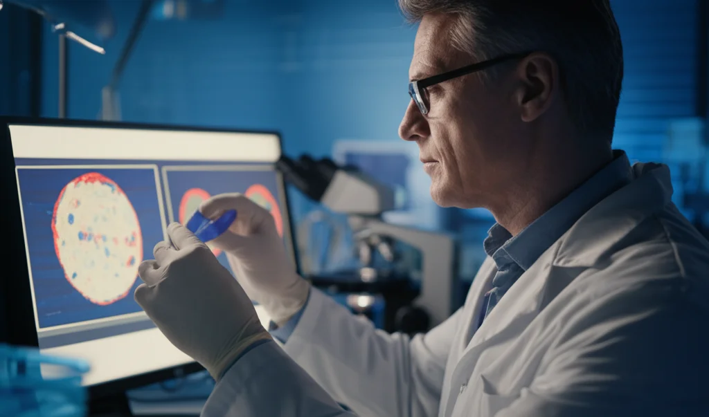 Ritratto fotografico di un patologo concentrato che esamina vetrini digitalizzati su un monitor ad alta risoluzione in un laboratorio moderno. Luce soffusa, profondità di campo che sfoca lo sfondo, obiettivo 35mm, toni duo cromatici blu e grigio per un'atmosfera scientifica e riflessiva.