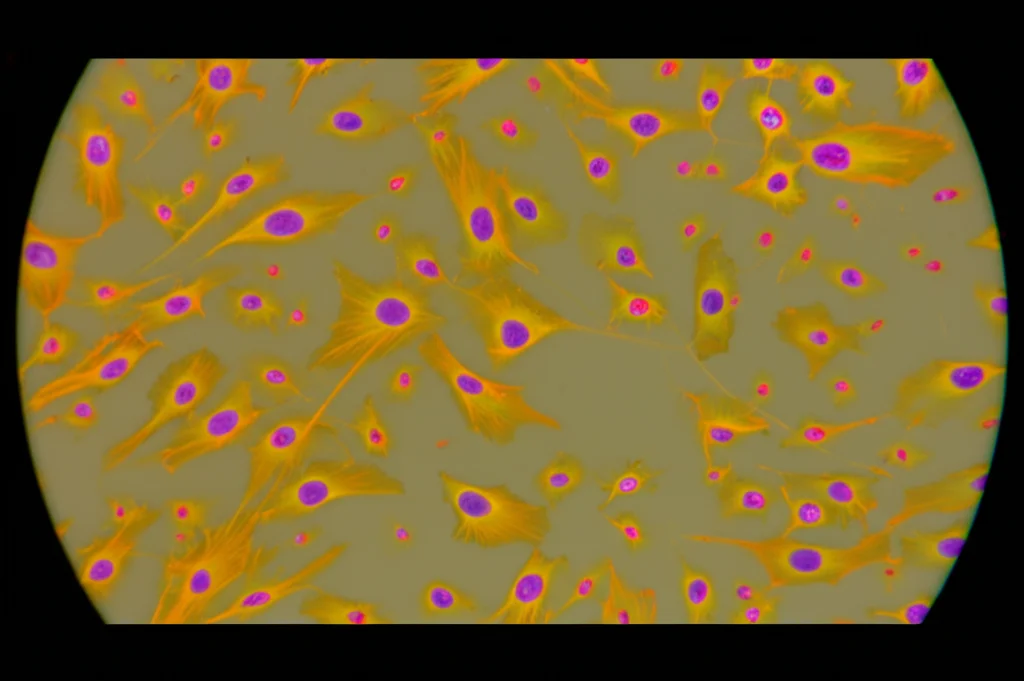 Fotografia di laboratorio che mostra piastre di coltura cellulare (piastre a 96 pozzetti) sotto un microscopio invertito durante un esperimento di proliferazione MTS, focalizzazione precisa sulle cellule tumorali polmonari (NSCLC) che mostrano diversi tassi di crescita, illuminazione da laboratorio controllata, obiettivo macro 85mm, profondità di campo ridotta per evidenziare le cellule colorate dal reagente.