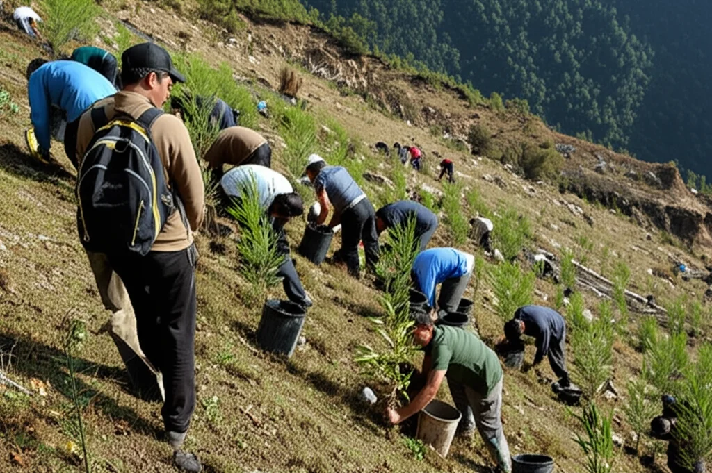 Fotografia di un progetto di rimboschimento su un pendio himalayano precedentemente colpito da frana, persone che piantano giovani alberi, teleobiettivo 200mm, luce solare diffusa, action tracking.