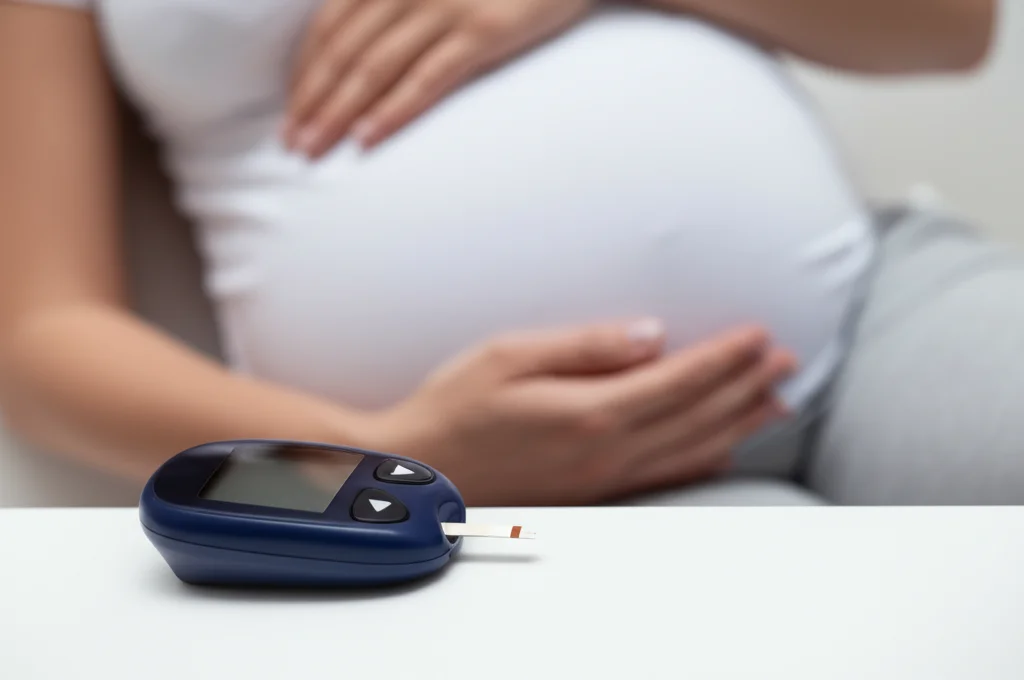 Fotografia macro di una striscia reattiva per la glicemia accanto a un glucometro, con una donna incinta sfocata sullo sfondo che si tocca delicatamente la pancia. Illuminazione controllata, obiettivo macro 100mm, alta definizione.