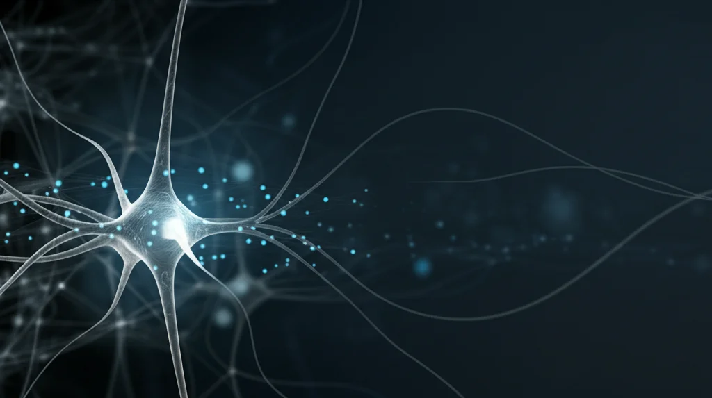 Visualizzazione grafica astratta di una rete neurale LSTM con nodi luminosi e connessioni fluttuanti su sfondo scuro, stile futuristico, alta definizione, colori blu e grigio duotono.