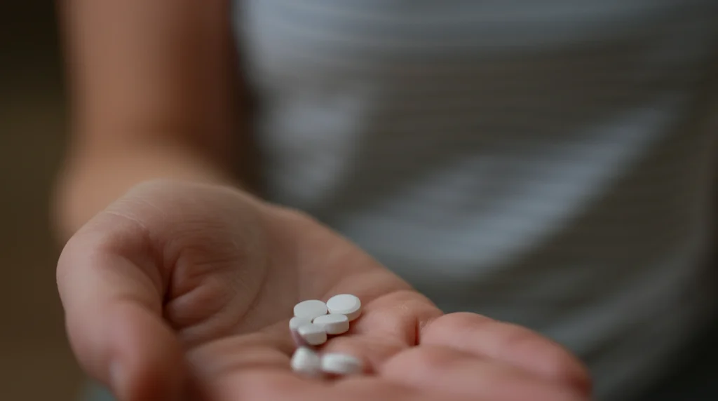 Primo piano di compresse di metformina su un palmo di mano femminile, con una leggera profondità di campo che sfoca lo sfondo. Illuminazione morbida, obiettivo prime 50mm, messa a fuoco precisa.