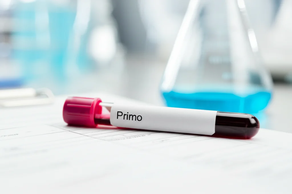 Primo piano macro di una provetta di sangue con etichetta vuota appoggiata su un referto medico sfocato, lente macro 80mm, illuminazione da laboratorio controllata, alta definizione, focus sulla provetta.