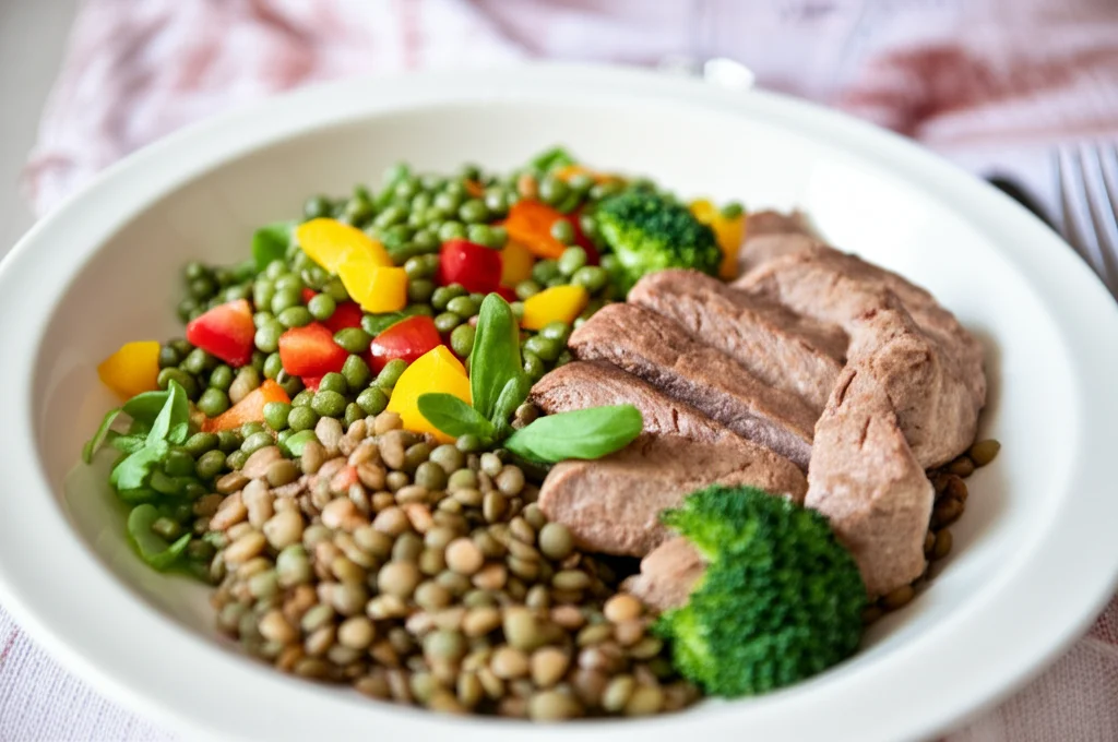 Fotografia still life di un piatto bilanciato con legumi, verdure colorate e una fonte proteica magra, lente macro 100mm, illuminazione naturale laterale che crea ombre morbide, alta definizione, focus preciso sul cibo.