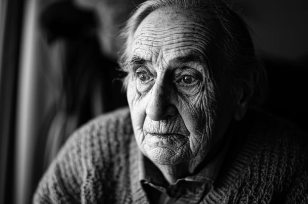 Ritratto fotografico in bianco e nero di una persona anziana con sguardo pensieroso, che riflette la sfida dell'Alzheimer, obiettivo 35mm, profondità di campo accentuata.
