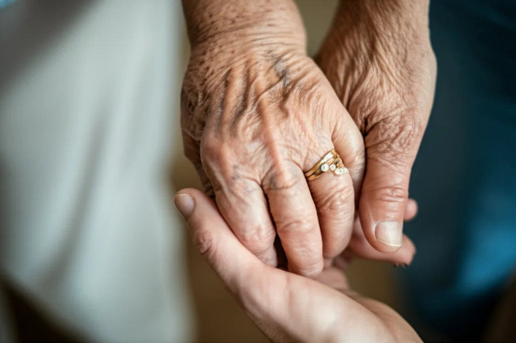 Fotografia di due mani che si stringono, una più anziana e una più giovane, a simboleggiare il supporto del caregiver, obiettivo macro 85mm, illuminazione controllata, alta definizione dei dettagli della pelle.