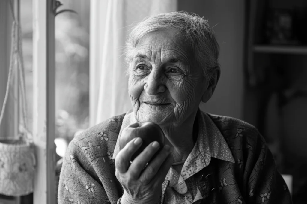Ritratto di una donna anziana sorridente che tiene in mano una mela rossa, luce naturale da finestra, sfondo leggermente sfocato, lente 50mm, profondità di campo media, bianco e nero.