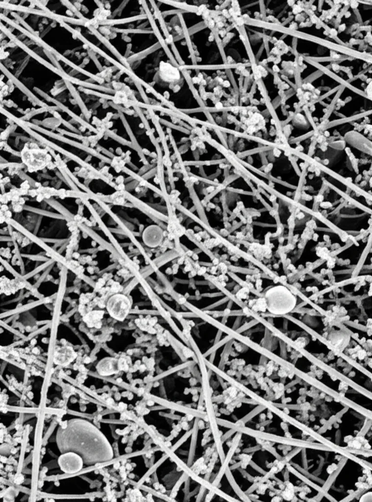 Micrografia elettronica a scansione (SEM) che mostra la struttura interna di una microbialite. Immagine in bianco e nero ad alto dettaglio, che rivela una complessa rete di filamenti microbici (probabilmente cianobatteri e altri batteri) incrostati e circondati da cristalli di carbonato di calcio precipitati. Si notano diverse morfologie cellulari, incluse forme coccoidi e filamentose, intrappolate nella matrice minerale.