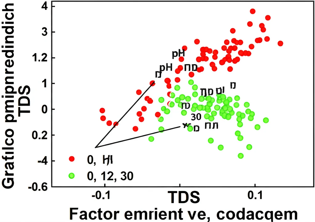 Grafico scientifico complesso (simulato) che mostra un'analisi di corrispondenza canonica (CCA) o NMDS. Punti colorati rappresentano campioni microbici da diverse pozze di marea (0, 12, 30), frecce indicano fattori ambientali (Salinità, pH, DO, TDS). Lo stile è pulito, accademico ma visivamente chiaro, evidenziando la separazione dei gruppi di campioni (specialmente quelli della pozza 30) in base ai gradienti ambientali, con una forte correlazione indicata tra pH e composizione batterica.