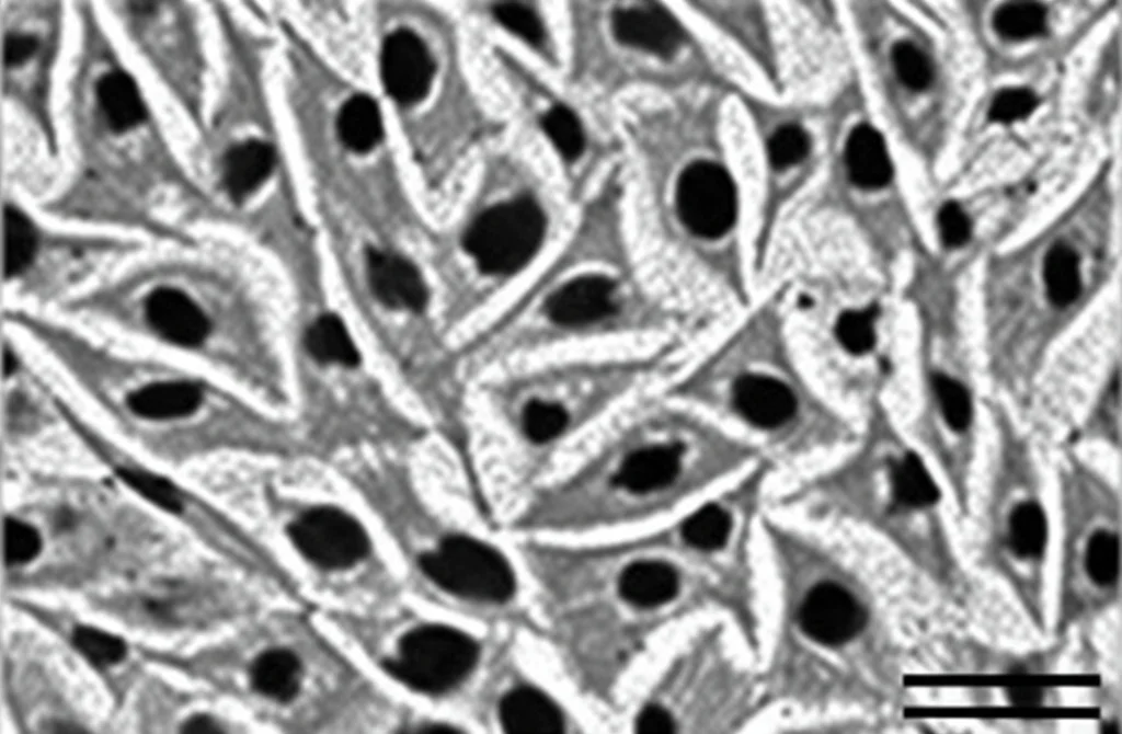 Fotografia macro ad alta definizione di cellule macrofagiche murine (RAW 264.7) in una piastra di coltura, alcune trattate con PK007 mostrando una ridotta produzione di PGD2 rispetto a quelle non trattate e stimolate con LPS. Illuminazione controllata da laboratorio, lente macro 100mm, messa a fuoco precisa sulle cellule.