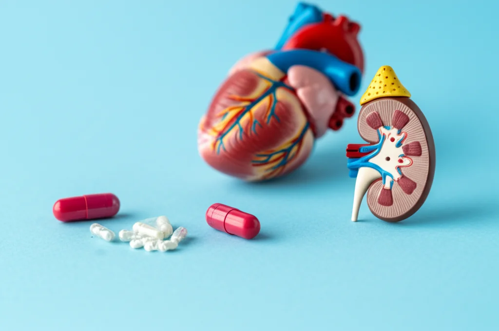 Immagine macro fotorealistica di capsule di leganti del potassio di seconda generazione (patiromer o sodio zirconio ciclosilicato) posizionate accanto a un modello anatomico stilizzato di rene e cuore su sfondo neutro. L'illuminazione è controllata, tipica da studio, per evidenziare i dettagli. Obiettivo macro 100mm, alta definizione, messa a fuoco precisa sulle capsule del farmaco.