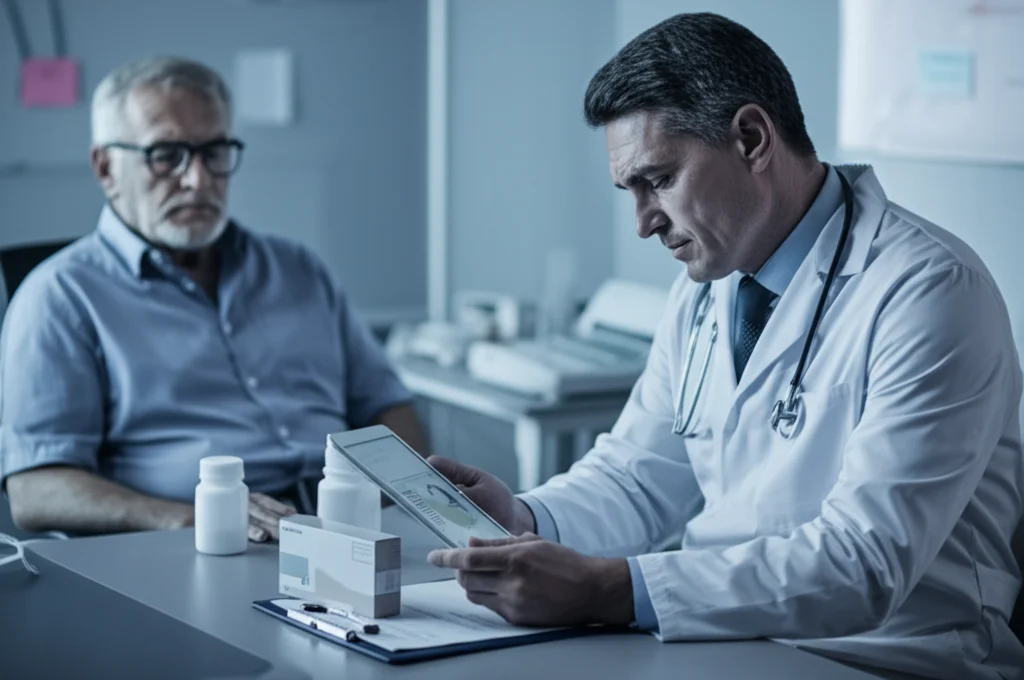 Fotografia stile reportage, 35mm, un medico dall'espressione pensierosa guarda un grafico su un tablet che mostra livelli di potassio normalizzati in un paziente anziano con malattia renale cronica. Accanto, sulla scrivania, una scatola di farmaci RAASi. L'immagine suggerisce il dilemma clinico sulla gestione della terapia RAASi nonostante il controllo dell'iperkaliemia. Profondità di campo che sfoca leggermente lo sfondo dell'ambulatorio. Toni duotone blu e grigio per un'atmosfera riflessiva.