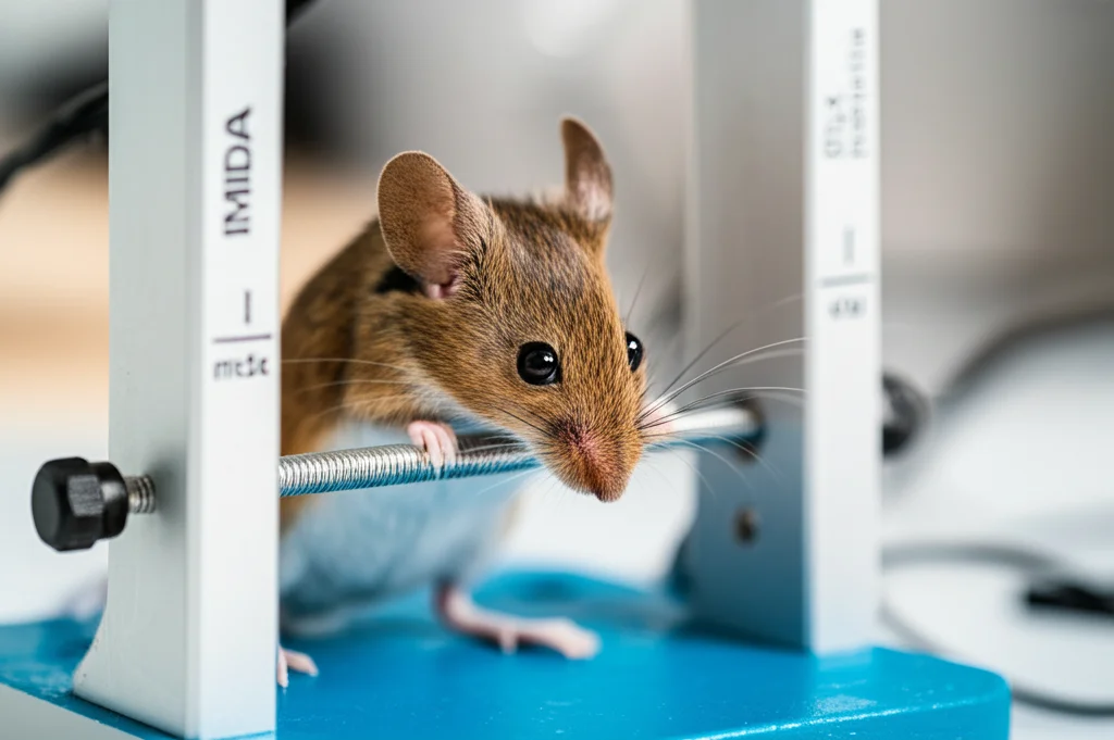Immagine fotorealistica di un topolino mdx che esegue un test di forza di presa su un dispositivo IMADA, con focus sulle zampe anteriori che afferrano la barra. Luce naturale da finestra, profondità di campo ridotta, lente prime 50mm, cattura del momento di massimo sforzo.