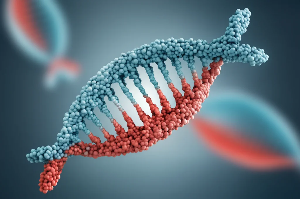 Macro fotografia di un modello 3D di una molecola di oligonucleotide antisenso (ASO) che si lega a un filamento di mRNA, lente macro 100mm, illuminazione da laboratorio controllata, alta definizione dei dettagli molecolari, sfondo sfocato.