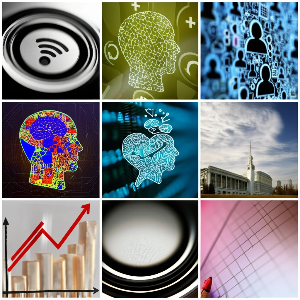 Collage di immagini astratte che rappresentano fattori soggettivi (cervello stilizzato, cuore, icona di motivazione) e oggettivi (edificio universitario, rete di persone, grafico di crescita). Macro lens, 80mm, alta definizione, illuminazione controllata per evidenziare i dettagli.