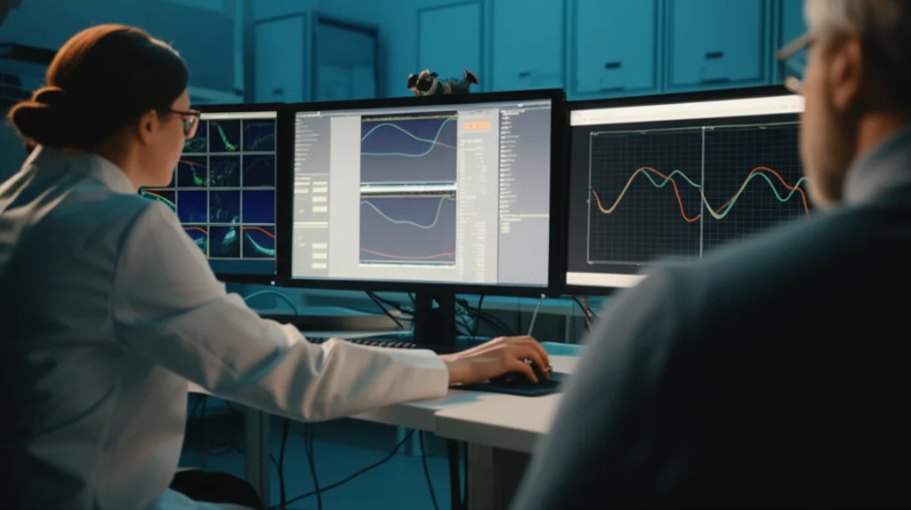 Fotografia grandangolare di un laboratorio di ricerca neurologica con scienziati che analizzano dati su schermi luminosi, obiettivo 20mm, lunga esposizione per catturare il movimento leggero, focus nitido sulle attrezzature scientifiche.