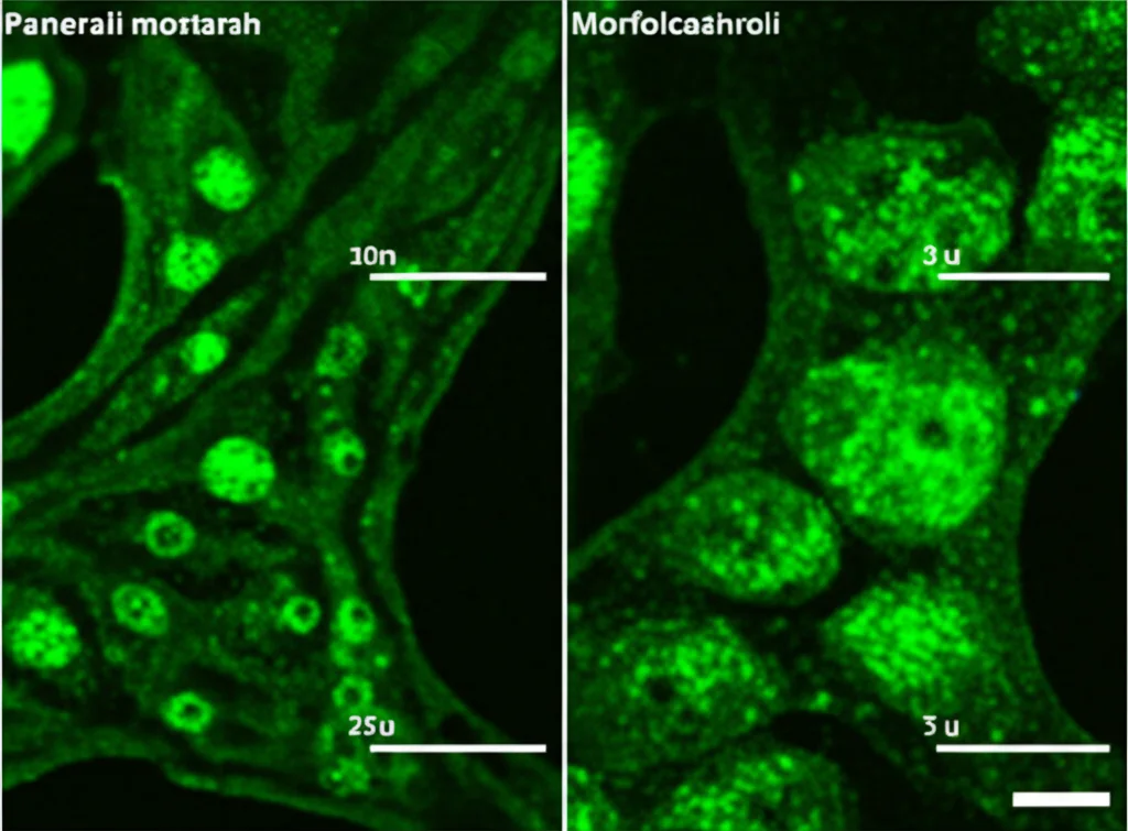 Microscopia confocale di cellule tumorali pancreatiche che mostrano la transizione epitelio-mesenchimale (EMT), evidenziando cambiamenti morfologici. Obiettivo macro, 100mm, alta definizione, illuminazione controllata.