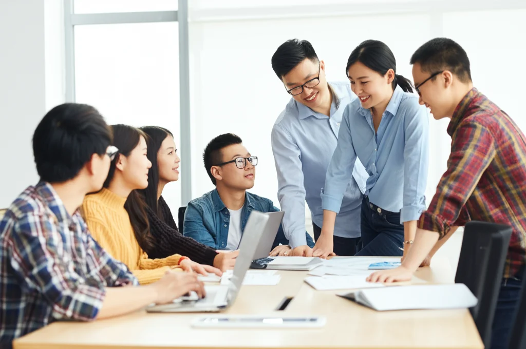 Un gruppo diversificato di studenti di dottorato cinesi che collaborano sorridenti attorno a un tavolo in un moderno ambiente universitario, con un supervisore che li guida. Obiettivo zoom 24-70mm, luce naturale brillante, atmosfera positiva e collaborativa.