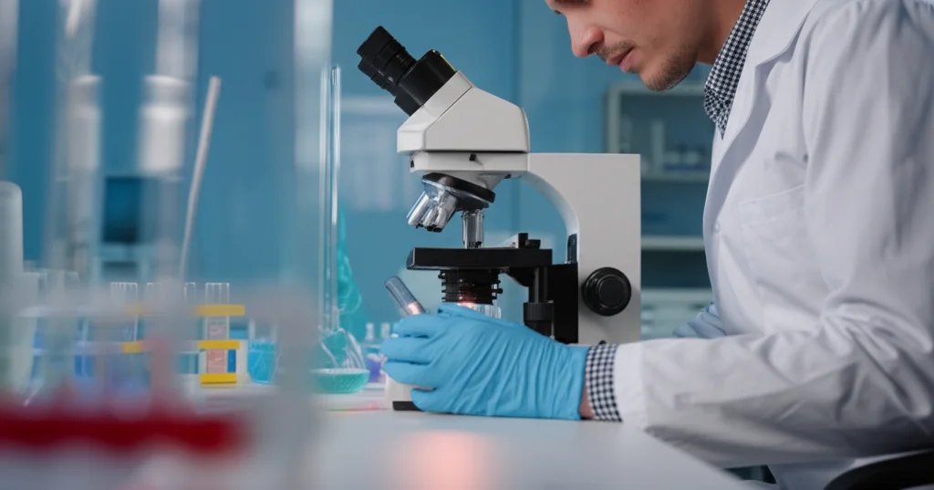 Ricercatore in laboratorio che esamina vetrini di tessuto tumorale pancreatico al microscopio in un ambiente di ricerca oncologica. Obiettivo prime, 35mm, profondità di campo, illuminazione precisa.
