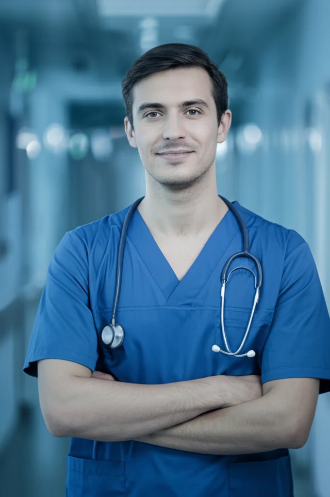 Primo piano di un giovane infermiere sorridente ma pensieroso in un corridoio d'ospedale, luce soffusa, obiettivo 35mm, profondità di campo per sfocare lo sfondo, toni blu e grigi duotone.