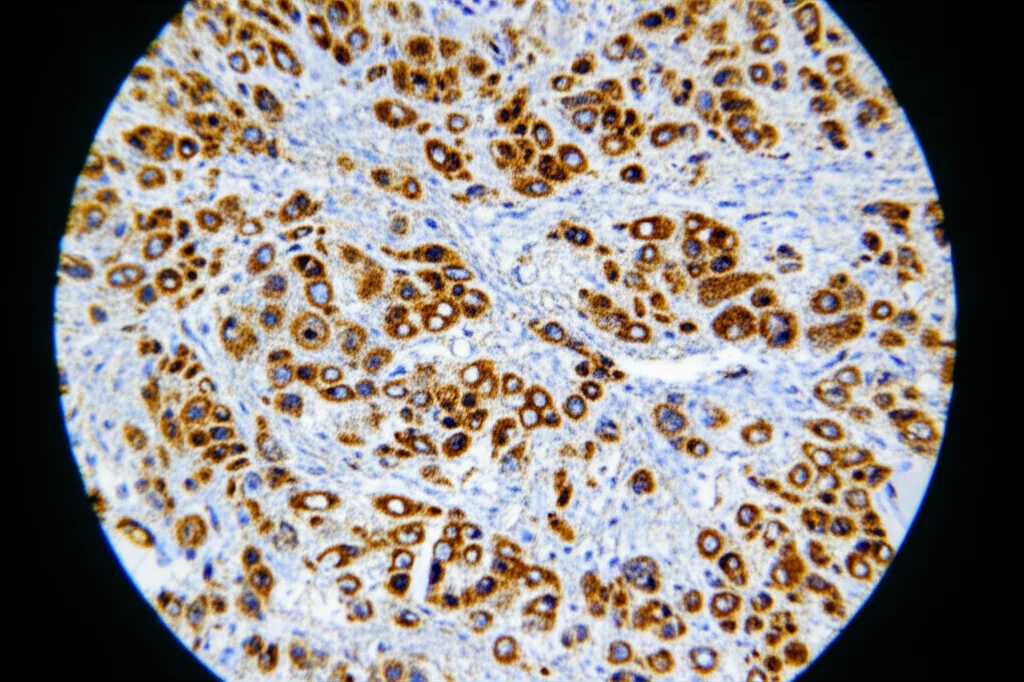 Primo piano di un vetrino istologico con immunoistochimica che mostra la colorazione marrone di cellule positive per ZEB1 fosforilato nel tessuto tumorale pancreatico. Obiettivo macro, 60mm, alta definizione, messa a fuoco precisa.