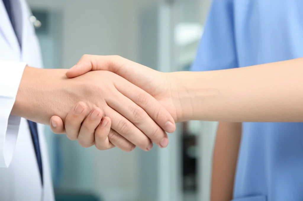 Fotografia macro di due mani che si stringono, una più esperta e una più giovane, simboleggiando supporto e mentorship in ambito sanitario, illuminazione controllata, alta definizione, obiettivo 100mm, messa a fuoco precisa.