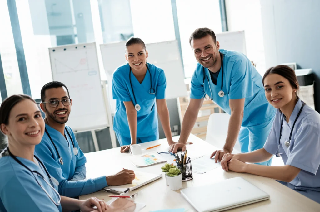 Gruppo eterogeneo di giovani professionisti sanitari e sociali che collaborano sorridenti attorno a un tavolo, ambiente di lavoro luminoso e moderno, obiettivo 24mm wide-angle, atmosfera positiva e collaborativa.