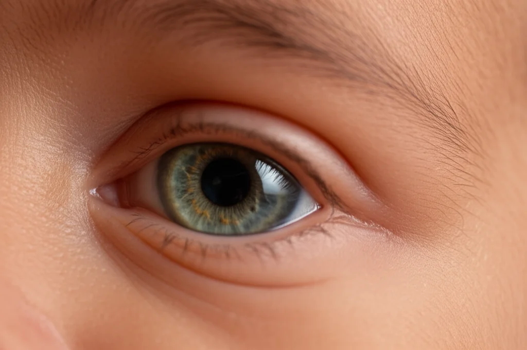 Lenti macro, lunghezza focale di 70 mm, foto ravvicinata dell'occhio di un bambino prematuro che viene esaminato da un oculista con illuminazione delicata e controllata, dettagli elevati che mostrano della palpebra delicata e forse un riflesso della luce dell'esame, enfatizzando la vulnerabilità e la cura.