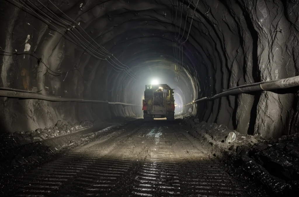 Fotografia realistica di un tunnel di scavo sotterraneo in una miniera di carbone, l'aria è densa di polvere illuminata dai fari di un macchinario da scavo (roadheader) in lontananza. Obiettivo grandangolare 24mm, messa a fuoco nitida, illuminazione drammatica controllata che evidenzia le particelle di polvere sospese.