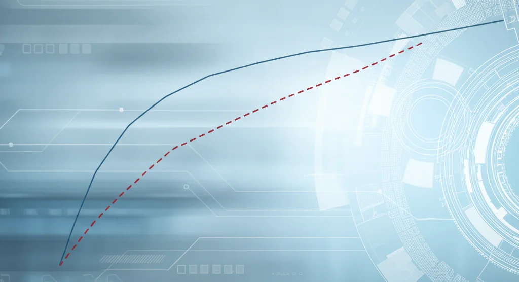 Grafico stilizzato ma fotorealistico che mostra una curva ROC in crescita netta (modello radiomico) che supera nettamente altre due curve più piatte (radiologi), su uno sfondo high-tech medico blu e grigio duotone. Obiettivo prime 35mm, profondità di campo per focalizzare sulle curve.