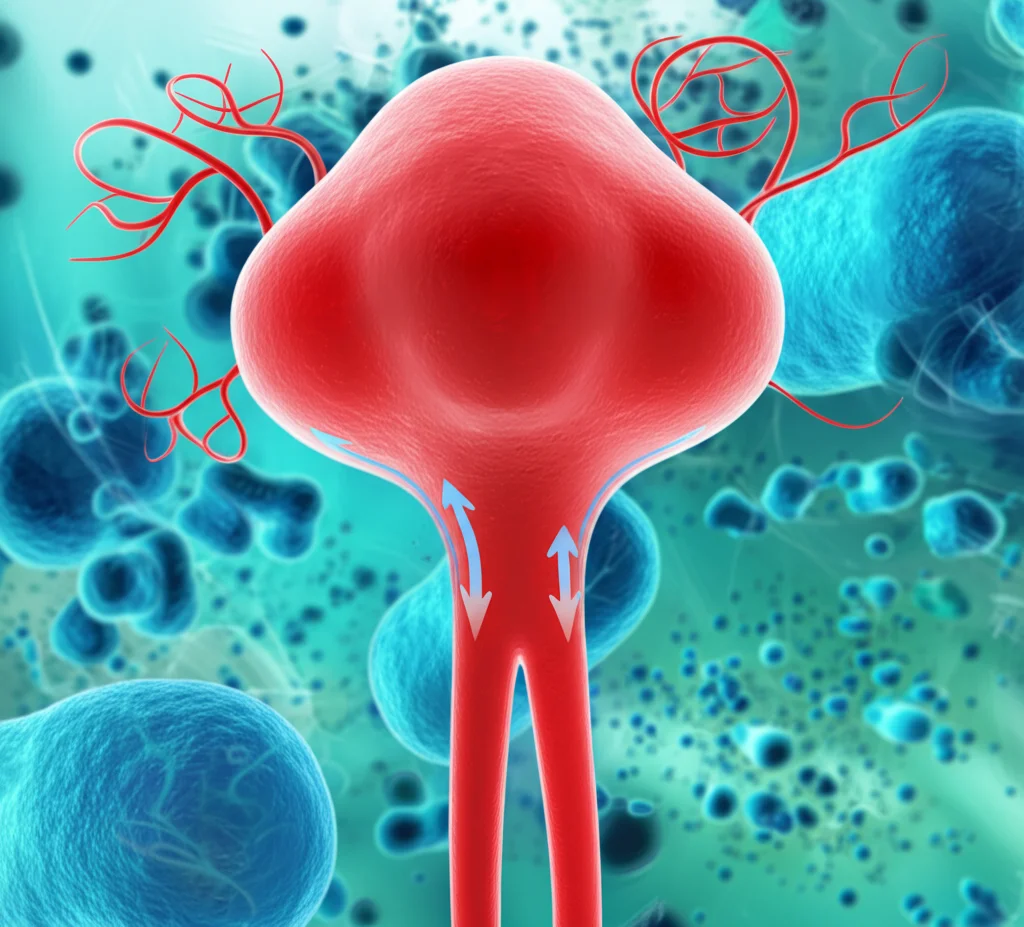 Immagine medica concettuale che mostra un nefrone stilizzato con flusso sanguigno migliorato, colori vivaci che indicano salute, dettagli microscopici, obiettivo macro 100mm, alta definizione.