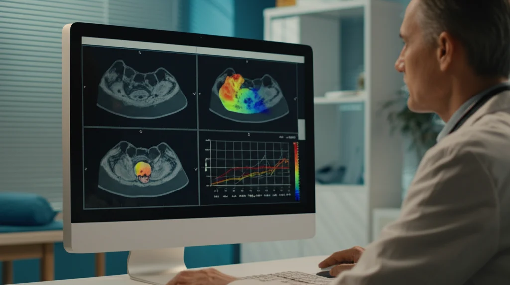 Medico che osserva attentamente uno schermo di computer in un ambiente clinico moderno. Sullo schermo si vede una scansione MRI pelvica affiancata da punteggi di probabilità radiomica e grafici colorati. Obiettivo zoom 50mm, luce naturale morbida dalla finestra.