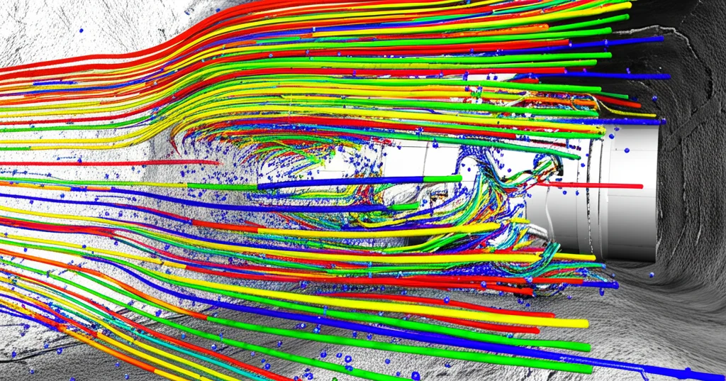 Visualizzazione 3D fotorealistica da software di simulazione (stile COMSOL) che mostra le linee di flusso dell'aria (streamlines colorate in base alla velocità) e le particelle di nebbia d'acqua ultrafine (sfere bluastre) che avvolgono la testa di taglio di un roadheader e formano barriere nel tunnel di scavo. Dettaglio elevato, illuminazione tecnica.