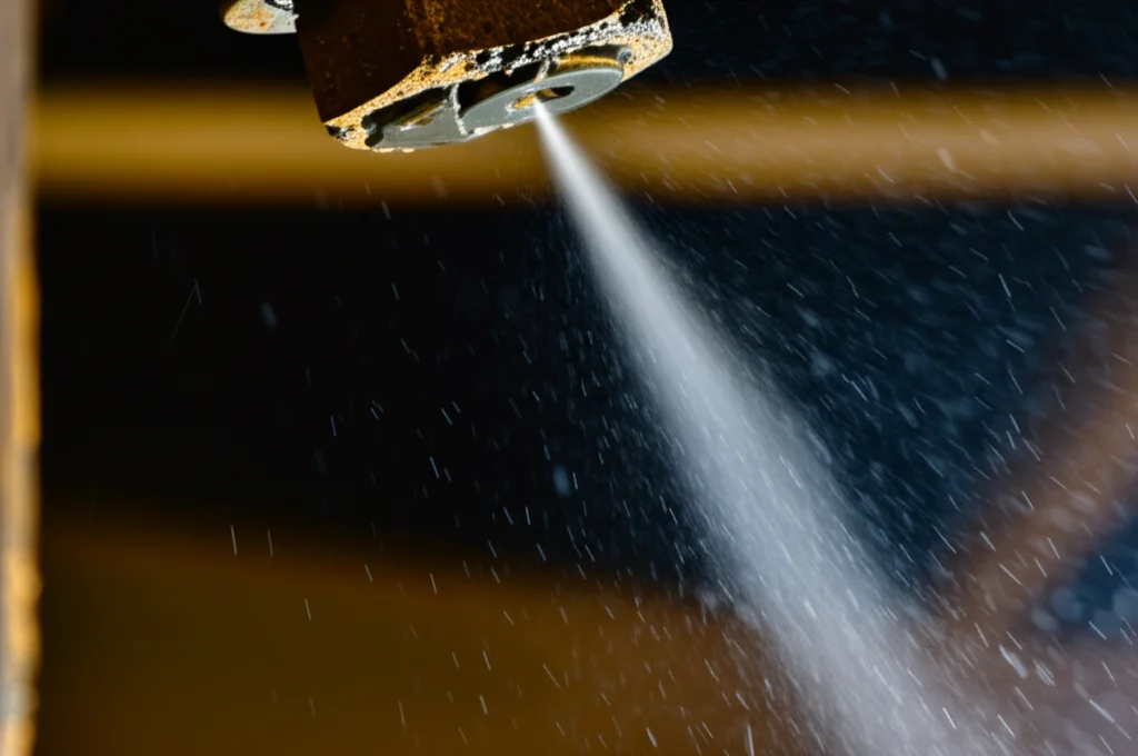 Fotografia macro 90mm di ugelli atomizzatori supersonici che spruzzano una finissima nebbia d'acqua (ultrafine water mist) in un ambiente scuro di miniera. Goccioline d'acqua quasi invisibili sospese nell'aria, illuminate da un fascio di luce laterale. Messa a fuoco precisa sulle goccioline, dettaglio elevato, sfondo industriale sfocato (profondità di campo ridotta).