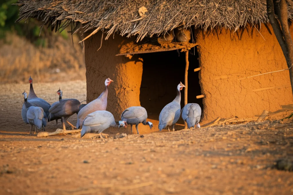 Scena rurale nel Ghana settentrionale, un piccolo gruppo di faraone di razza Lavender razzola liberamente su terreno terroso vicino a un semplice riparo tradizionale in fango sotto un albero spoglio. Luce naturale del tardo pomeriggio che crea lunghe ombre. Obiettivo grandangolare 24mm, messa a fuoco nitida sul gruppo di uccelli e sul riparo, stile documentaristico.