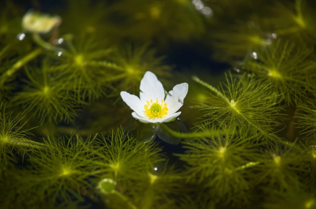 Fotografia macro di un fiore bianco di Ranunculus Batrachium che galleggia sull'acqua limpida di uno stagno temporaneo nel sud-ovest Europa. Obiettivo macro 100mm, alta definizione, focus preciso sul fiore e sulle foglie capillari sommerse visibili sotto la superficie, illuminazione naturale controllata.
