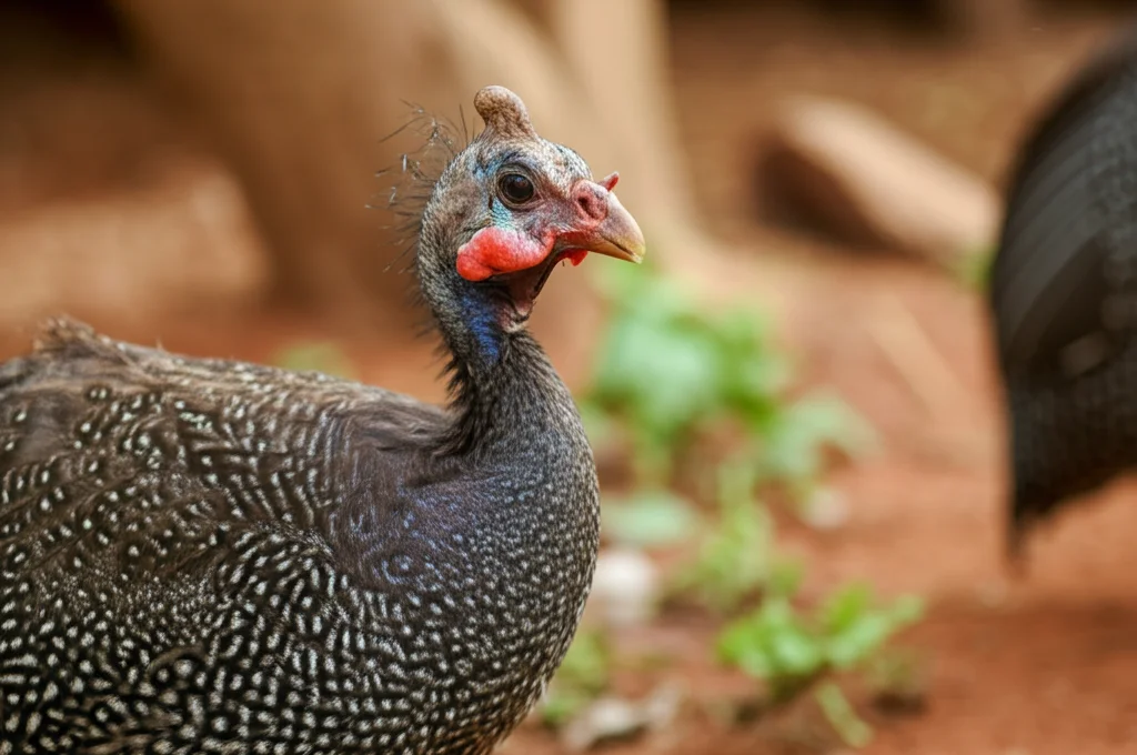 Primo piano di una faraona adulta (Numida meleagris) che mostra segni di malessere, come piumaggio arruffato e ali leggermente cadenti, in un contesto rurale del Ghana. Luce naturale diffusa. Obiettivo macro 90mm, messa a fuoco precisa sull'occhio dell'animale, alta definizione dei dettagli del piumaggio, sfondo sfocato per isolare il soggetto.