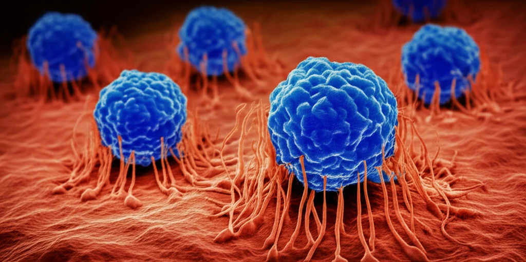 Visualizzazione 3D fotorealistica di nanoparticelle CSIR che interagiscono con la membrana di una cellula di osteosarcoma, evidenziando l'effetto EPR, illuminazione drammatica, dettagli microscopici, obiettivo macro 80mm.