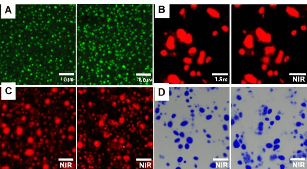 Immagine macro ad alta definizione di cellule di osteosarcoma sotto un microscopio dopo trattamento con CSIR e luce NIR, mostrando segni di morte cellulare (blebbing, frammentazione), illuminazione controllata, obiettivo macro 100mm.