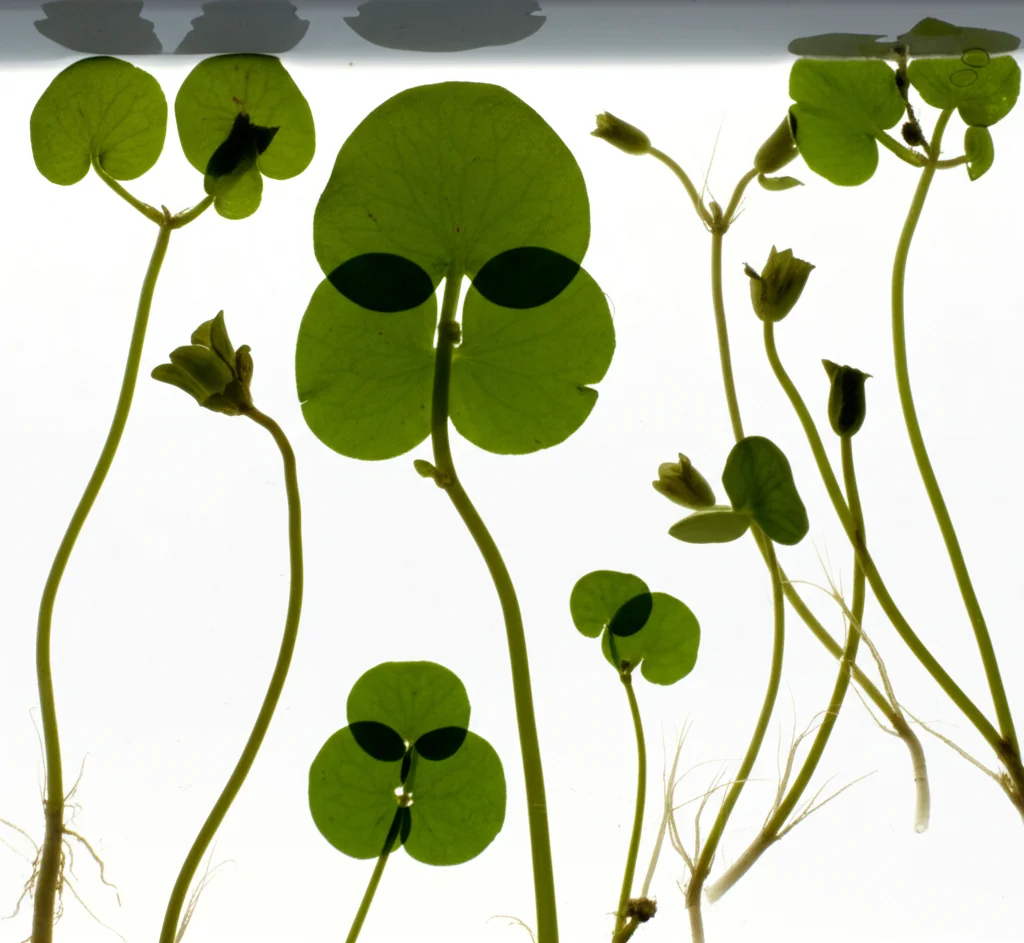 Primo piano di diverse forme di foglie di Ranunculus Batrachium (alcune capillari sommerse, altre laminari galleggianti) disposte su un tavolo da laboratorio per confronto morfologico. Obiettivo macro 60mm, illuminazione controllata, alta definizione per evidenziare le differenze strutturali.