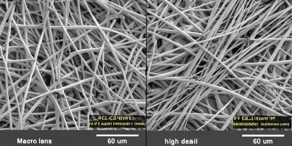 Immagine al microscopio elettronico a scansione (SEM) che mostra la morfologia superficiale della membrana nanofibrosa PCL/CS/WH/E7. Si notano le fibre intrecciate con nanoparticelle di Whitlockite (indicate da frecce nere) uniformemente distribuite. Macro lens, 60mm, high detail, controlled lighting.