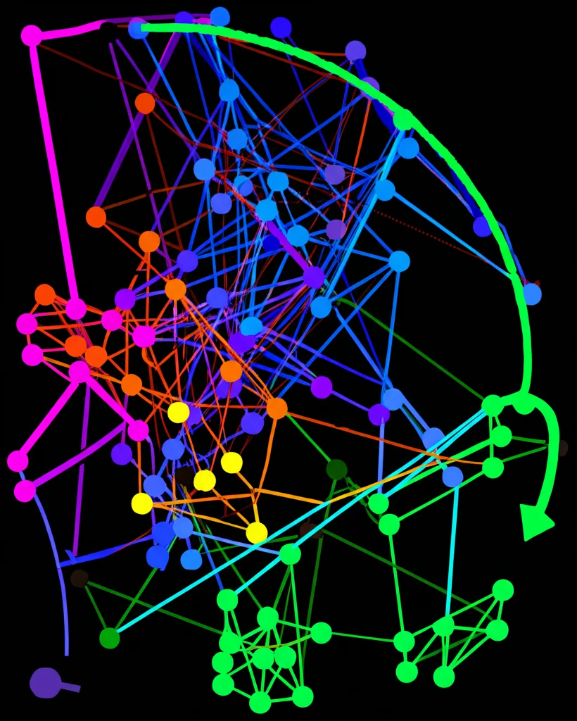 Schema grafico astratto che rappresenta una rete evolutiva complessa (reticolata) con nodi colorati (taxa) e linee interconnesse (ibridazione, discendenza), a simboleggiare le difficili relazioni filogenetiche nel gruppo Batrachium. Colori vivaci su sfondo scuro.