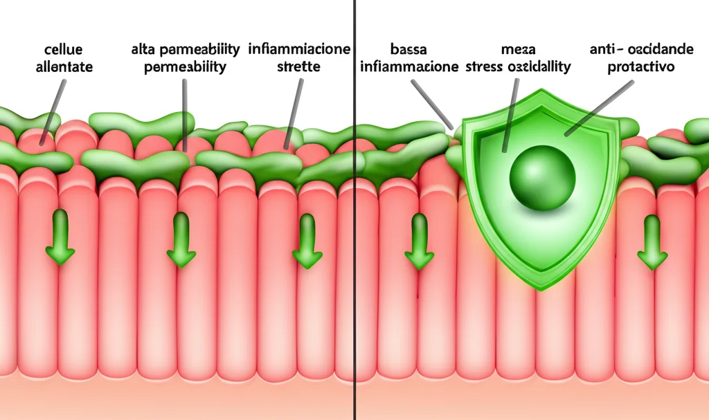 Immagine concettuale che mostra una sezione di epitelio intestinale. A sinistra, cellule con giunzioni allentate (alta permeabilità) e frecce che indicano infiammazione e stress ossidativo. A destra, cellule con giunzioni strette (bassa permeabilità), meno infiammazione e uno scudo antiossidante protettivo, a simboleggiare l'effetto della Spirulina. Profondità di campo, luce morbida.