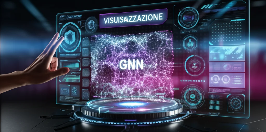 Visualizzazione astratta di una rete neurale a grafo (GNN) che processa una topologia di rete su uno schermo olografico all'interno di una piattaforma Digital Twin. Wide-angle, 24mm, sharp focus, illuminazione futuristica blu e viola duotones.