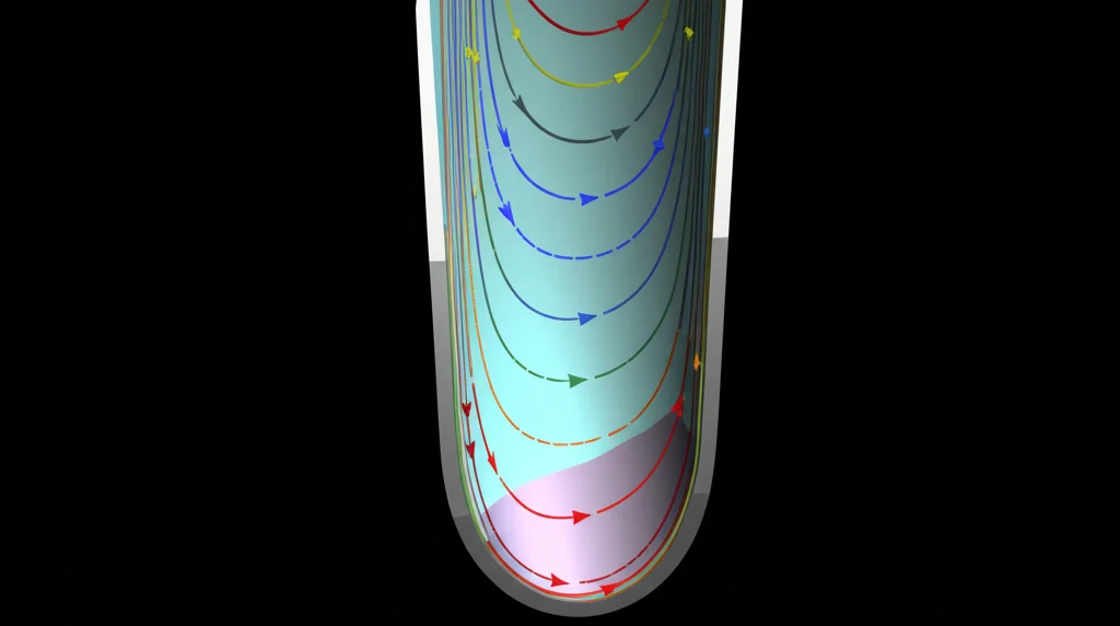 Visualizzazione 3D schematica del flusso laminare di un fluido viscoso non-newtoniano (come fango di perforazione) nello spazio anulare tra un tubo interno (drill string) e un tubo esterno (wellbore). Le linee di flusso mostrano un profilo di velocità parabolico distorto, con una zona centrale a 'tappo' (plug flow) dove lo sforzo è sotto la soglia di scorrimento. Illuminazione tecnica che evidenzia le diverse zone di flusso. Obiettivo grandangolare 24mm, profondità di campo.