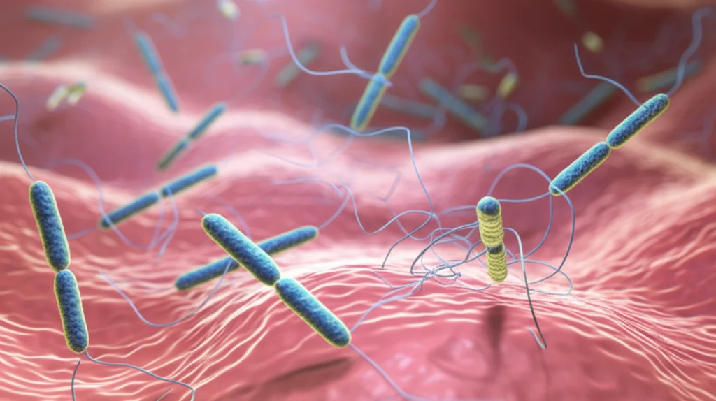 Visualizzazione 3D astratta di particelle simili a parassiti Cryptosporidium che interagiscono con cellule umane stilizzate, obiettivo macro 100mm, alta definizione, illuminazione da laboratorio controllata, sfondo sfocato.