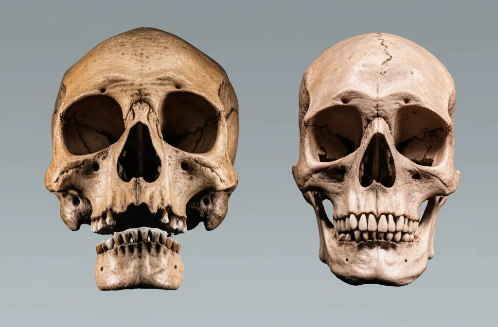 Due teschi preistorici affiancati su sfondo neutro. A sinistra un teschio robusto e largo (tipo cacciatore-raccoglitore europeo autoctono), a destra un teschio più gracile e stretto (tipo agricoltore anatolico). Illuminazione da studio controllata, obiettivo macro 100mm, alta definizione, focus preciso sui dettagli ossei per evidenziare le differenze morfologiche.