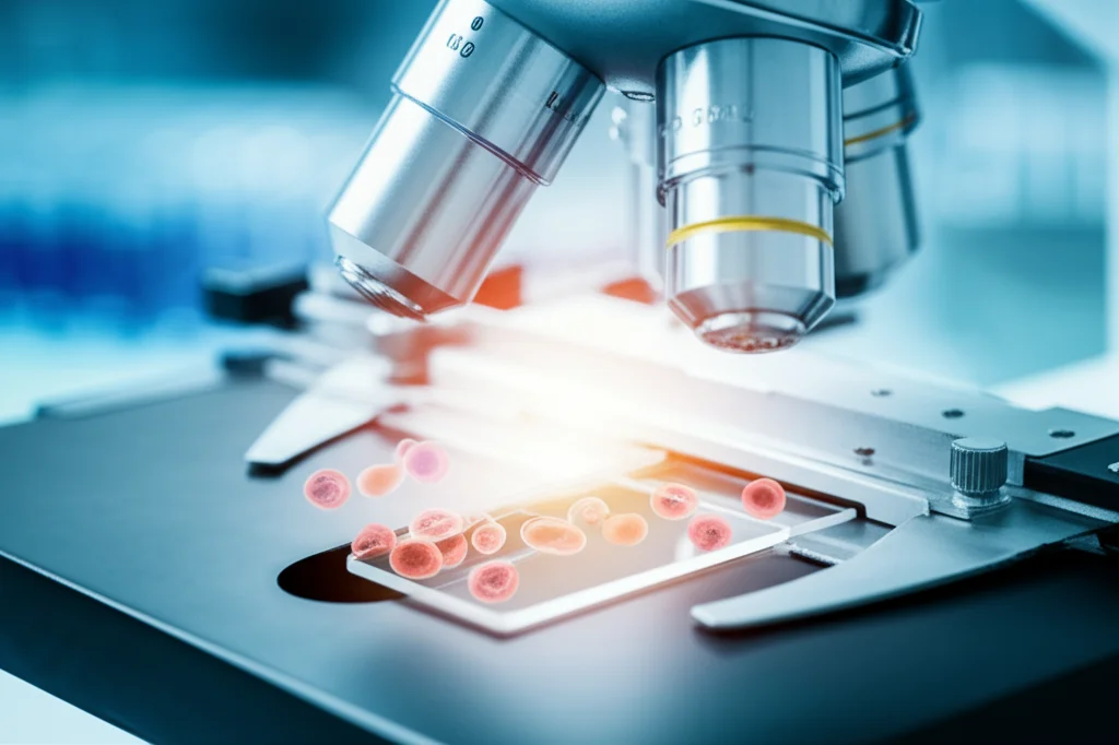 Microscopio da laboratorio con vetrino, focus su cellule del sangue stilizzate, obiettivo macro 100mm, alta definizione, illuminazione controllata da laboratorio, evocando l'analisi delle anomalie ematologiche nel lupus.