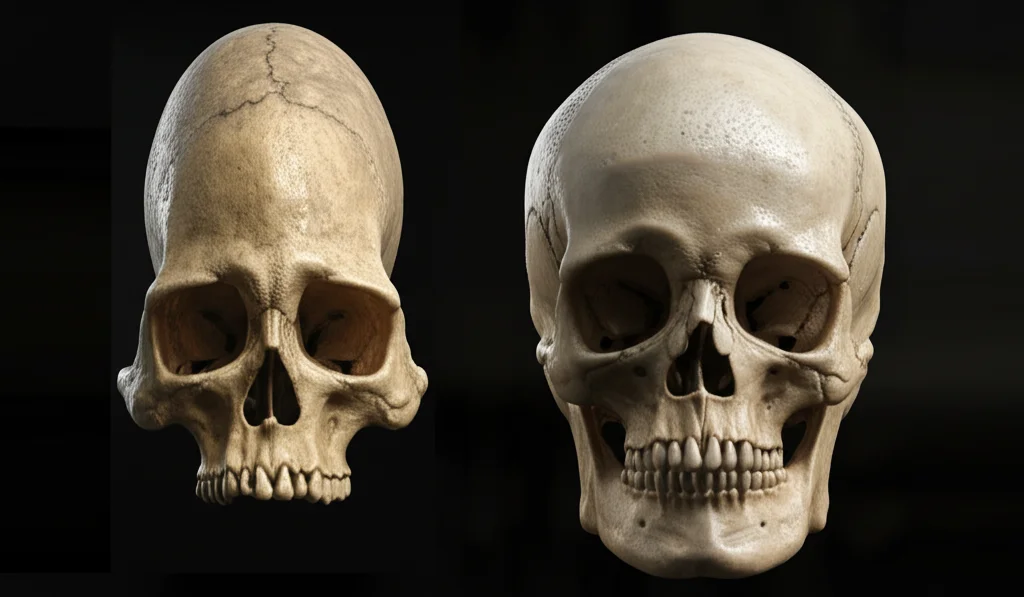 Visualizzazione comparativa 3D fotorealistica di un cranio allungato e stretto (tipo Corded Ware) accanto a un cranio corto e largo (tipo Bell Beaker). Rendering con texture ossea dettagliata, luce laterale morbida che accentua le forme contrastanti, profondità di campo ridotta per isolare i soggetti.